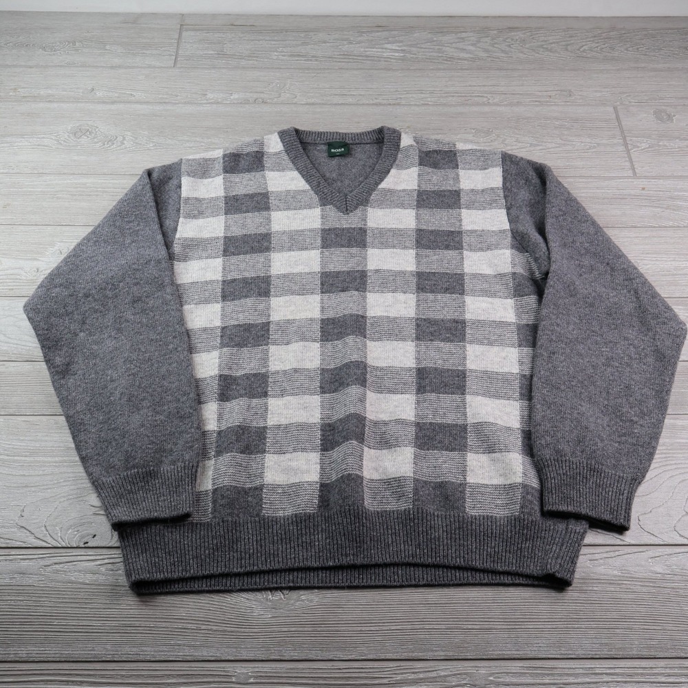 Hugo Boss Golf V-Neck Sweater Men's Virgin Wool Italy Grey Check